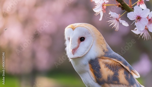 barn owl tyto alba in an orchard in spring in a tree pink and white blossom background noord brabant in the netherlands