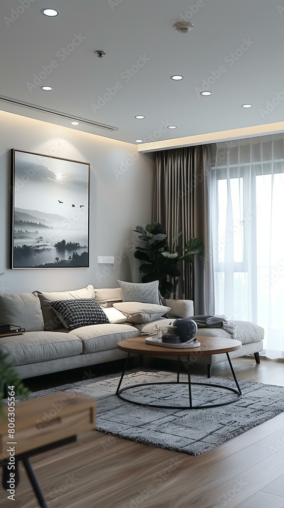 Fototapeta premium Modern living room interior with grey sofa, coffee table, plants and large painting