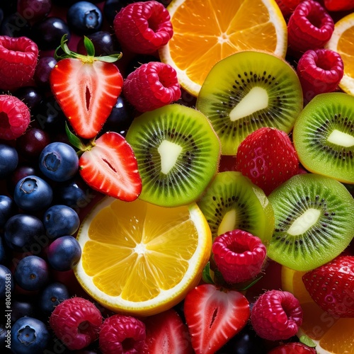 A variety of fresh fruits including strawberries, blueberries, raspberries, and kiwi