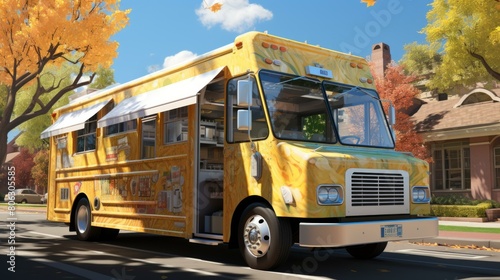 A yellow food truck is parked on a street with autumn trees.