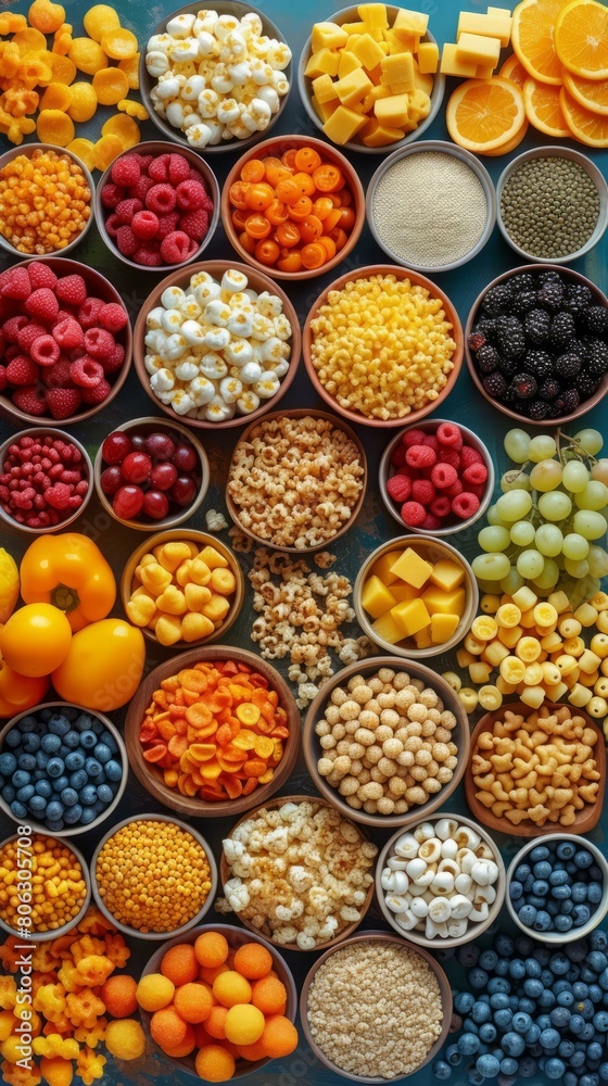 A variety of healthy food in bowls including fruits, vegetables, and grains A variety of healthy food in bowls including fruits, vegetables, and grains