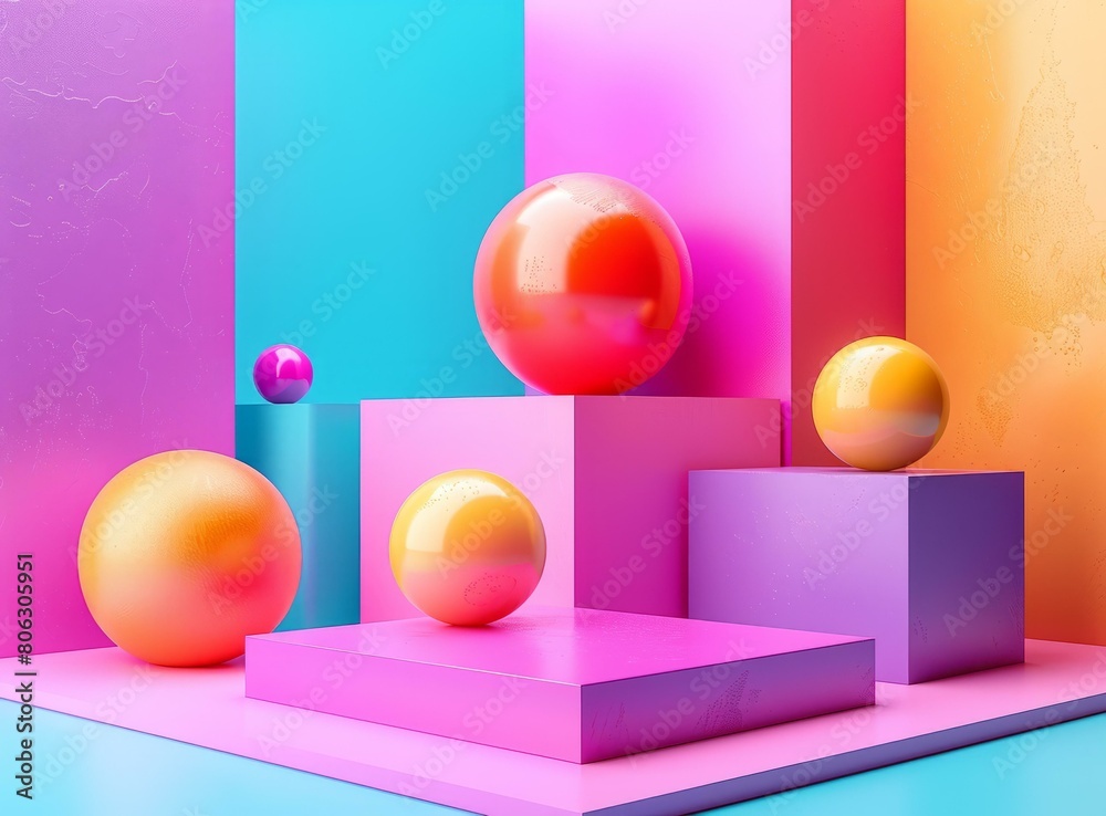 3D rendering of spheres on podiums against a colorful background 3D rendering of spheres on podiums against a colorful background