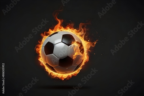 Isolated soccer ball surrounded by flames on a dark background.A burning soccer ball is seen against a dark background.  