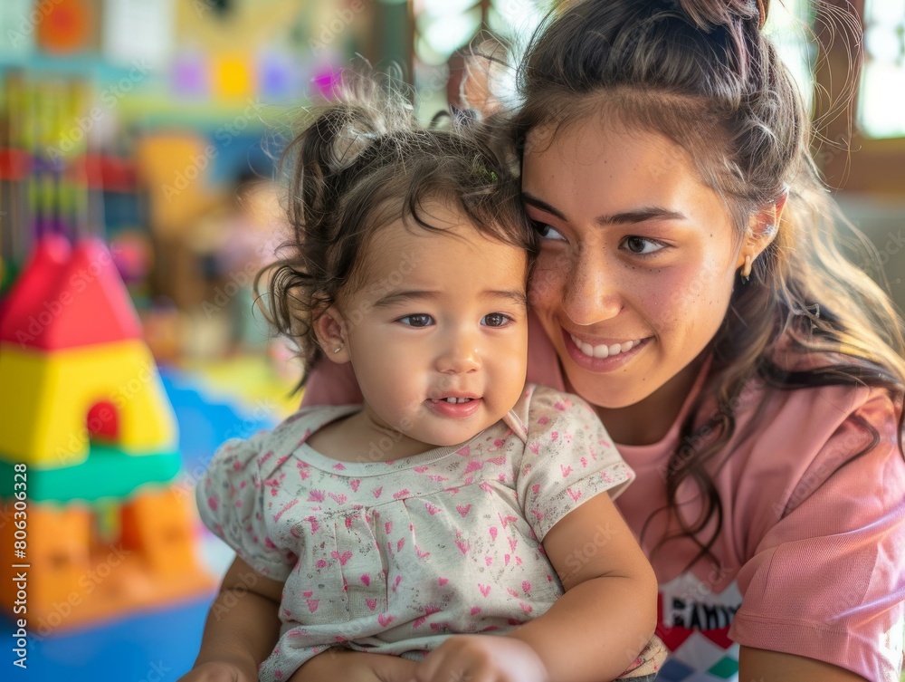 Toddler smiling while sitting in a young woman's arms Toddler smiling while sitting in a young woman's arms