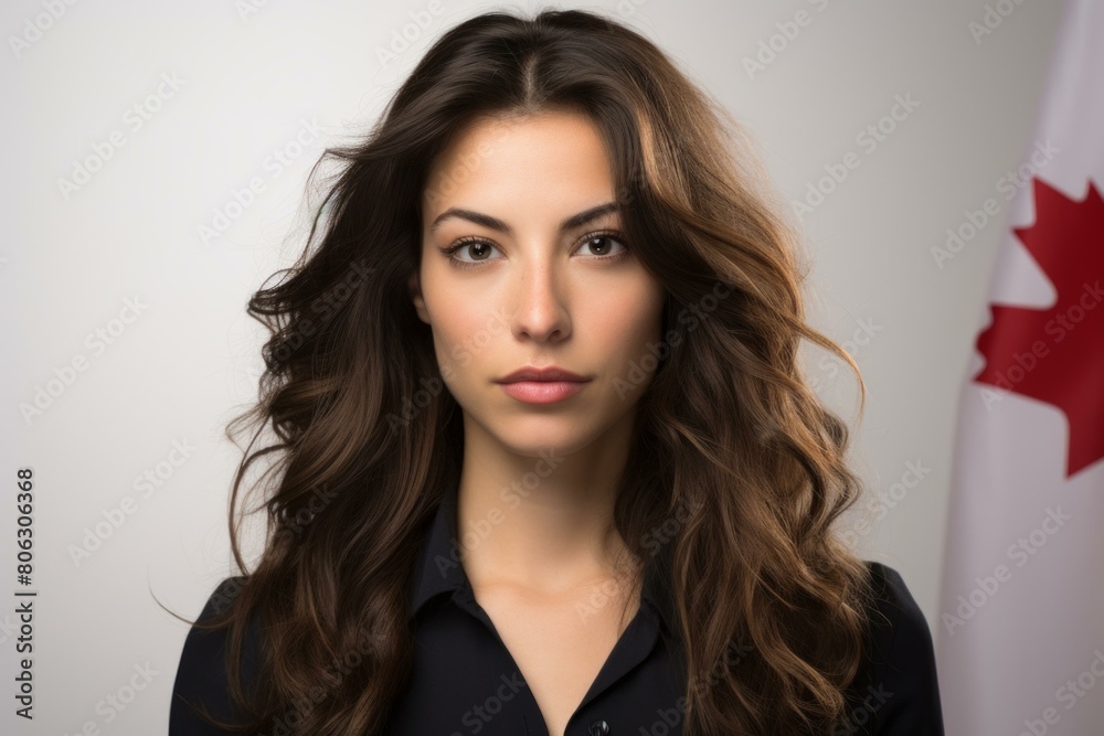 A young woman with long brown hair posing in front of a Canadian flag.