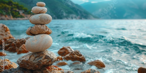 Stack of stones on the beach with the sea in the background