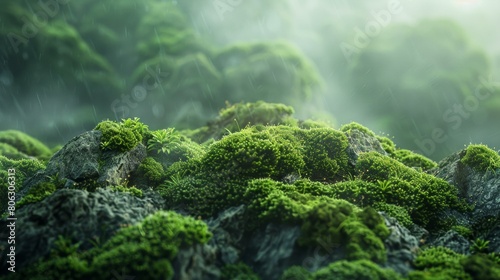 lush green moss growing on rocks in a misty forest photo