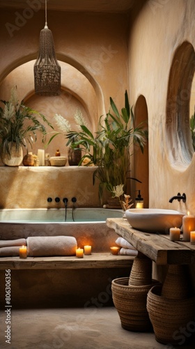 Bathroom with natural elements and a bathtub