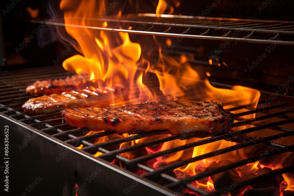 Grilled meat on a flaming barbecue