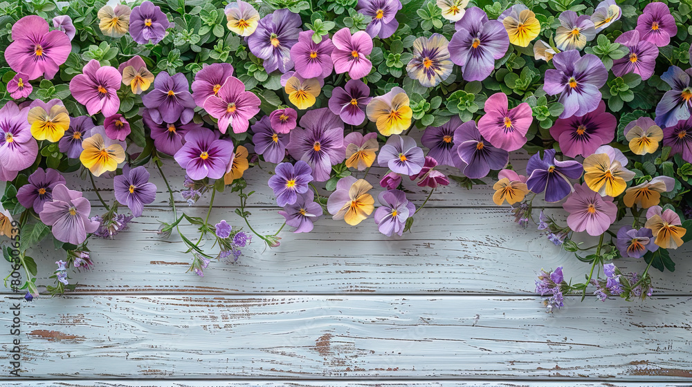 Bright pansies flowers on pale grey background. Free space for text.