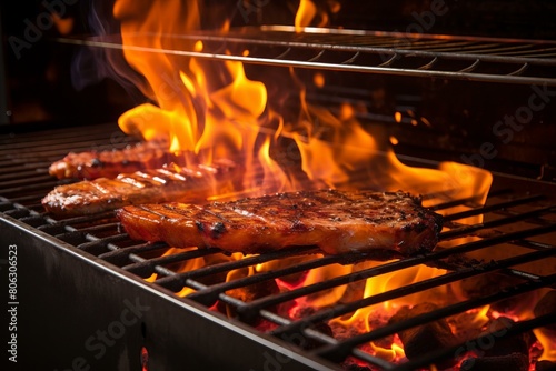 Grilled meat on a flaming barbecue