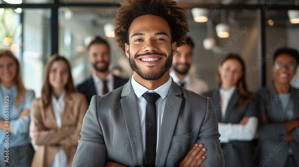 Businessman standing with arms crossed in front of group of business people, determination perseverance resilience hard work dedication Businessman standing with arms crossed in front of group of business people, determination perseverance resilience hard work dedication