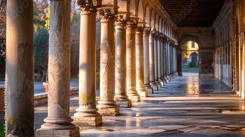 Columns, architectural structure with long corridor that has row of columns on side, gray, brown photo