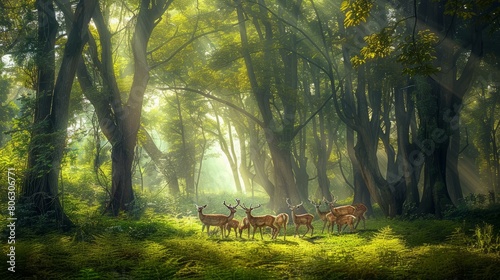 A group of deer standing in a lush green forest with sunlight streaming through the trees photo