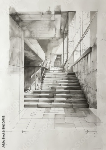 Architectural Sketch of Staircase with Handrails and Glass Windows