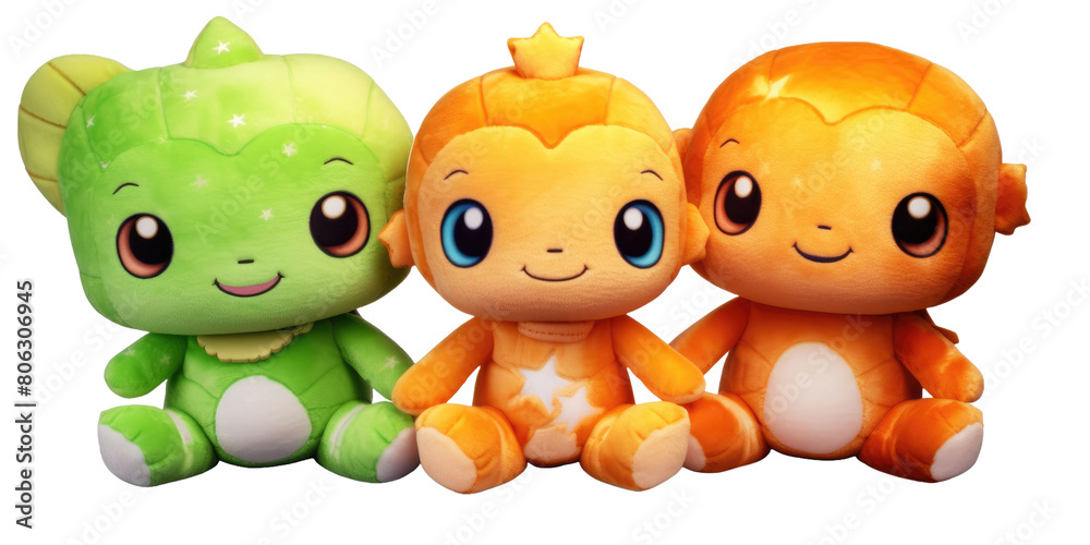 Naklejka premium set of 3 stuffed friendly cute alien , turtle and star plushie stuffed soft playtime toys isolated on a transparent background