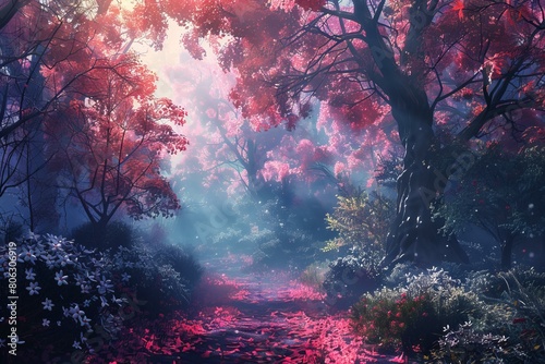 fantasy landscape with pink trees and flowers photo