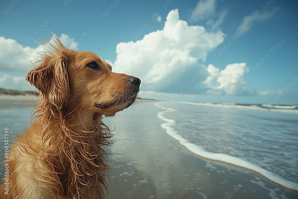 Happy golden retriever on the beach Happy golden retriever on the beach