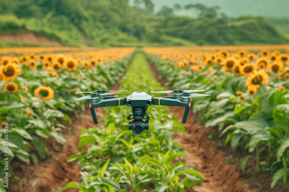 Drone Monitoring Blooming Sunflower Field Drone Monitoring Blooming Sunflower Field