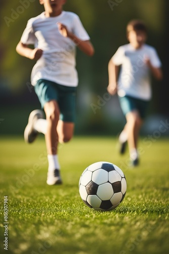 Two boys are running after a soccer ball on a field