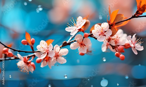 Closeup Cherry blossoms in full bloom against a background of soft blue, for cards, prints, fabric patterns, and for advertising cosmetics and perfume products