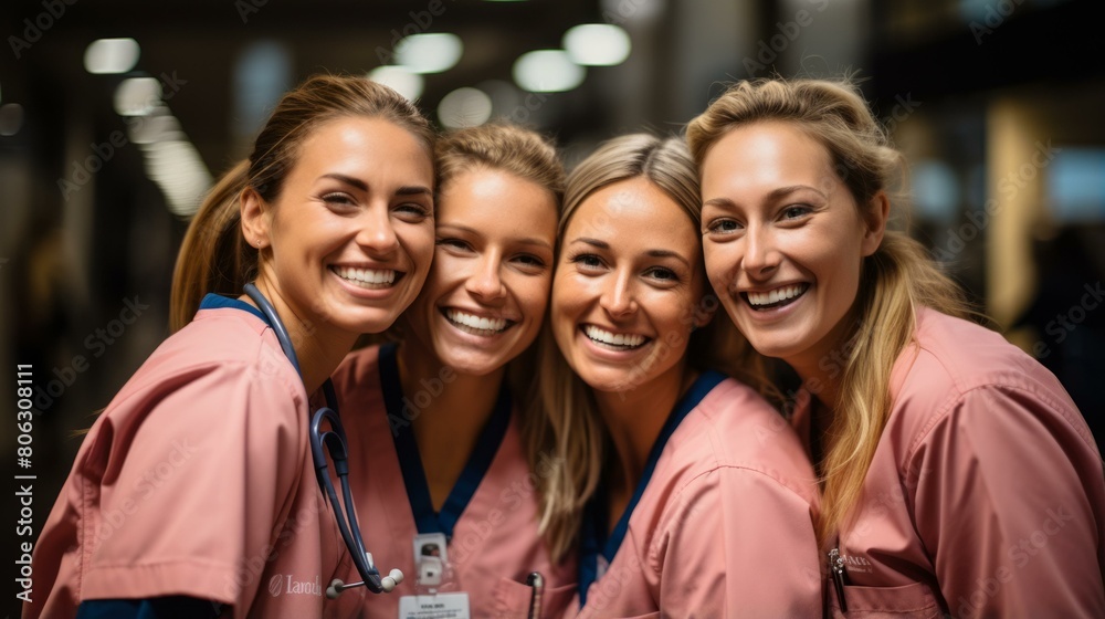 Four smiling nurses in pink scrubs