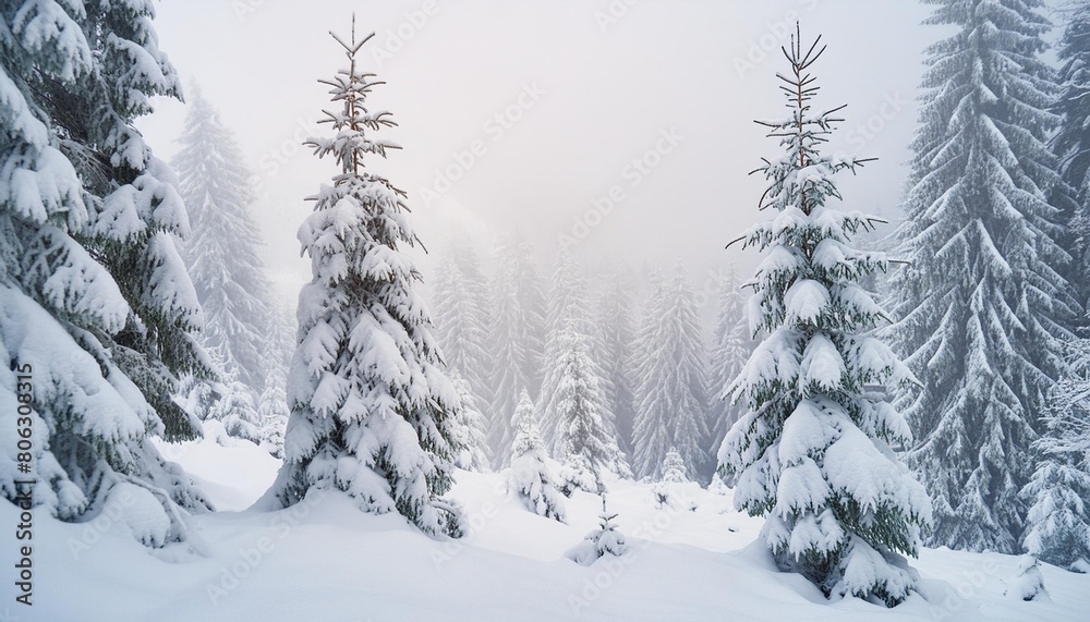 seasonal background with snow covered trees in a pale fog atmospheric winter woodland banner