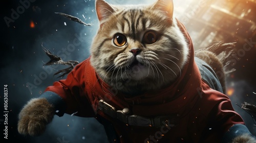 A cute cat wearing a red and blue superhero costume is flying through a dark and stormy sky. photo