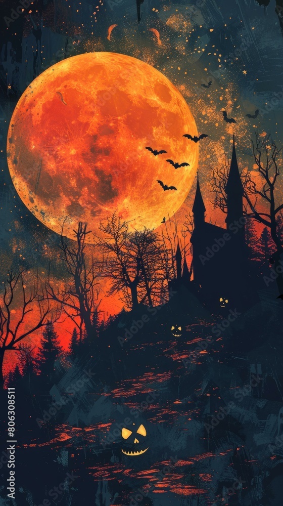 Halloween night spooky castle and moon