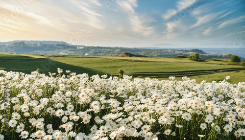 close up top view of blooming field with white daisies