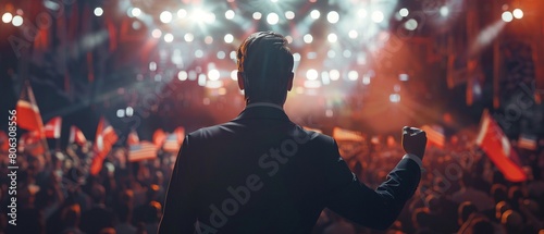 Back view of a politician standing on a stage, facing a hopeful crowd, with Vote banners waving in the background US presidential election campaign concept photo