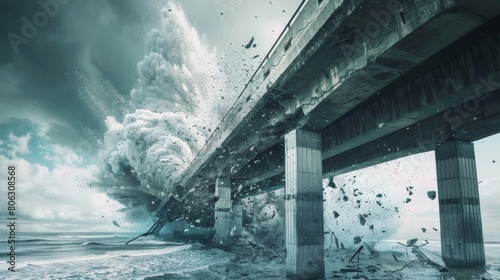 Explosion on giant bridge over the river. Concept of technological disaster or military conflict photo