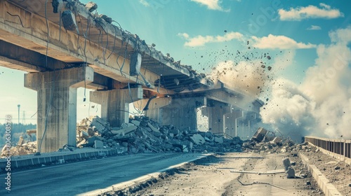 Explosion on giant bridge over the river. Concept of technological disaster or military conflict photo