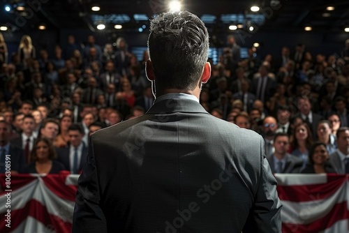 Back view of a politician addressing a crowd of supporters on election day, with Vote flags waving in the background US presidential election campaign concept © ธนากร บัวพรหม