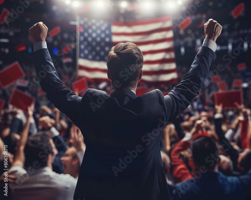 A politicians back facing a cheering crowd, with Vote signs held high in the air, symbolizing the excitement of the US presidential election campaign 8K , high-resolution, ultra HD,up32K HD