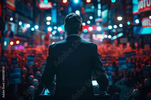 A politician standing on a podium, facing a hopeful crowd, with Vote posters lining the streets US presidential election campaign concept 8K , high-resolution, ultra HD,up32K HD photo
