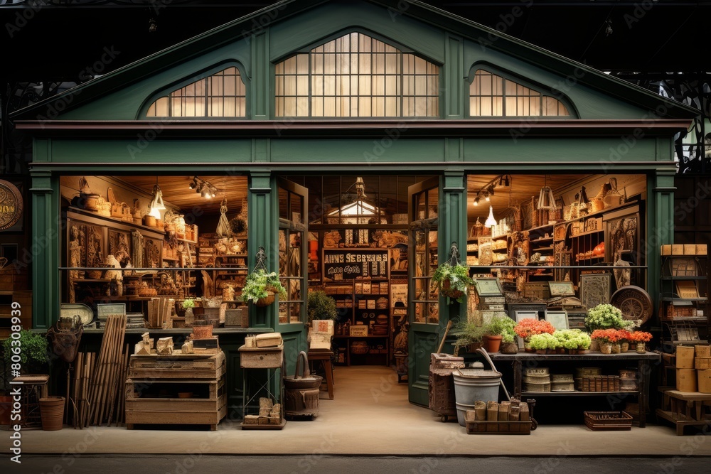 A traditional hardware store showcasing an array of tools and equipment at its crowded entrance A traditional hardware store showcasing an array of tools and equipment at its crowded entrance