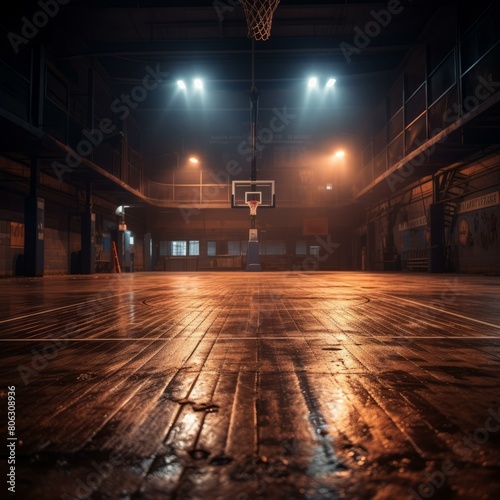 Basketball court with wooden floor and spotlights photo