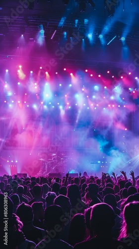 Purple and blue concert stage lights with crowd
