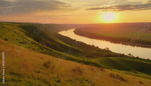 colorful sunset and hilly meadow in golden evening light near dniester river ukraine europe photo