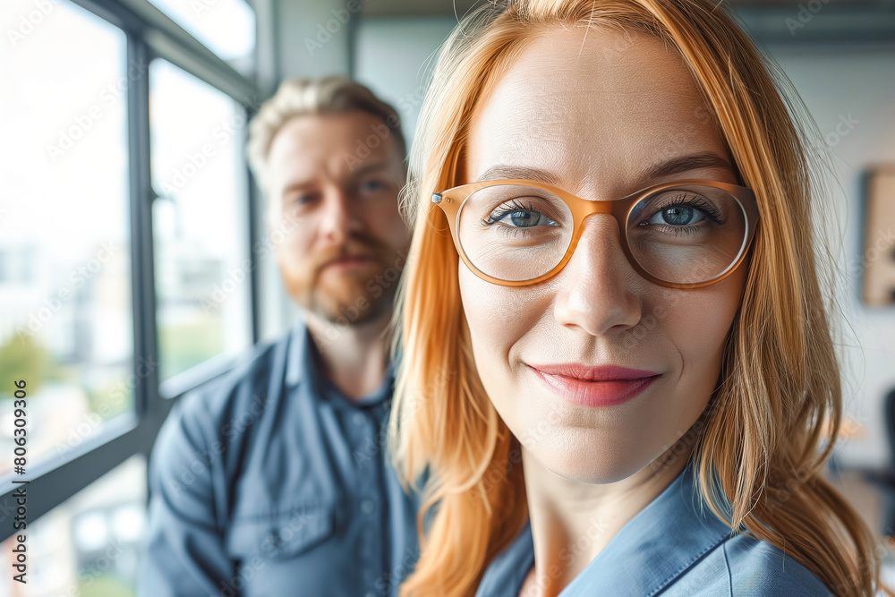 Smiling redhead Businesswoman with Male Colleague Smiling redhead Businesswoman with Male Colleague