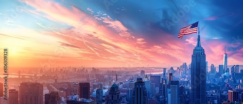 A banner of the New York City skyline with the USA flag flying high, showcasing patriotism on Independence Day 8K , high-resolution, ultra HD,up32K HD photo