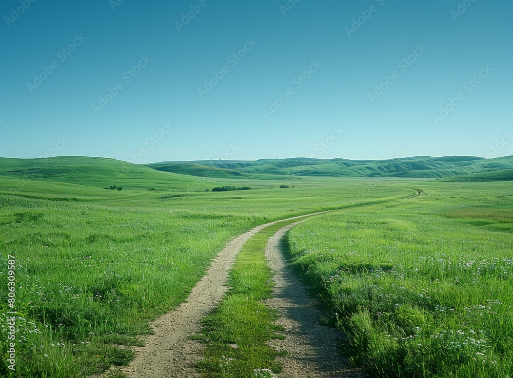 dirt road through a lush green grassy field