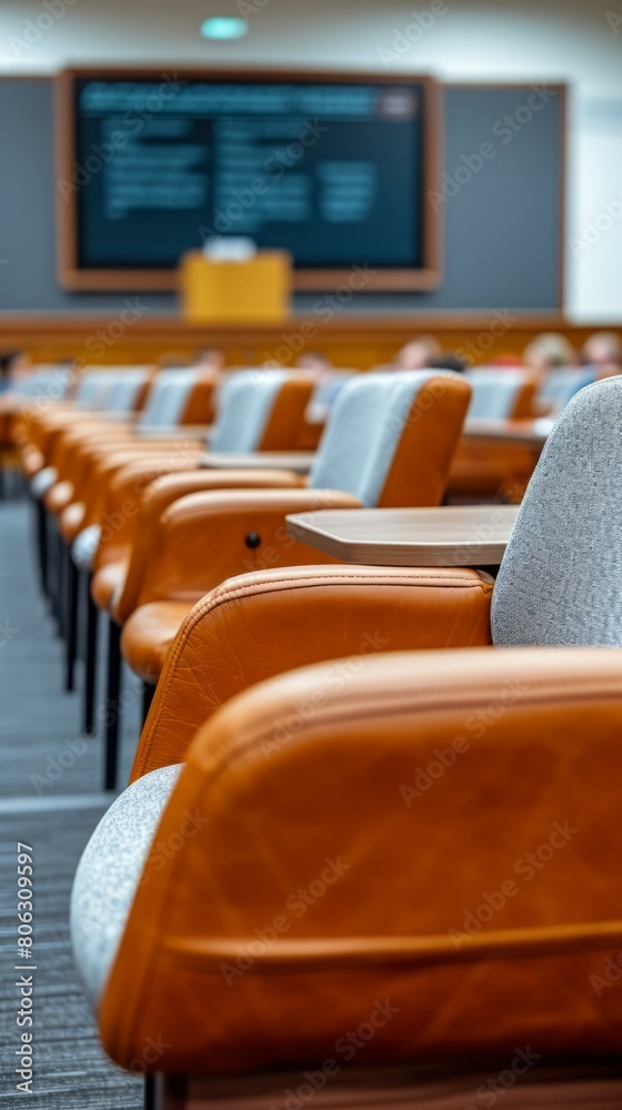 Fototapeta premium Empty Lecture Hall With Brown Leather And Gray Fabric Chairs