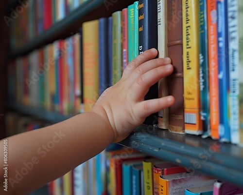 Closeup of a childs hand reaching for a book on a high shelf, symbolizing curiosity and the eagerness to learn 8K , high-resolution, ultra HD,up32K HD