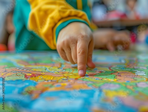 Closeup of a teacher pointing to a map in a classroom  illustrating the role of educators in guiding students learning journeys 8K   high-resolution  ultra HD up32K HD