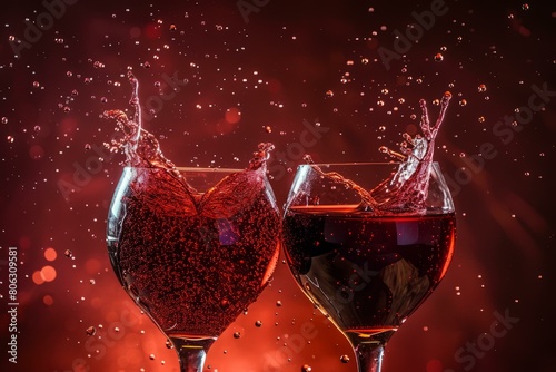 Two glasses of red wine with splash on red background photo