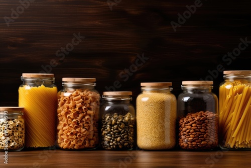 Various uncooked grains and pasta stored in transparent glass jars on a wooden shelf. Assortment of Grains and Pasta in Glass Jars