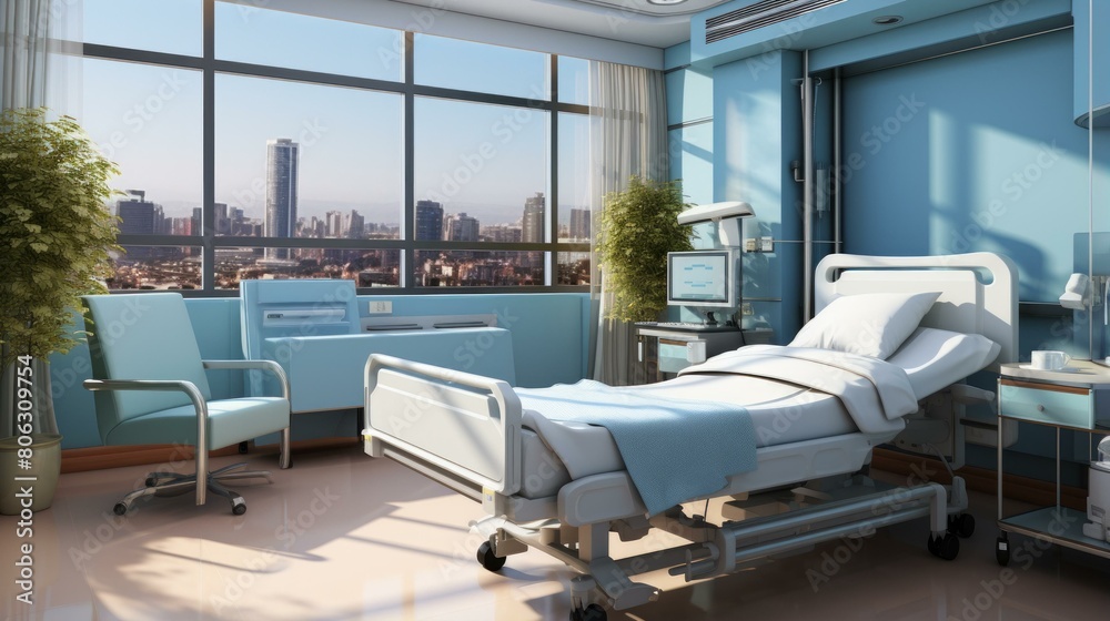 Patient room interior with large windows Patient room interior with large windows