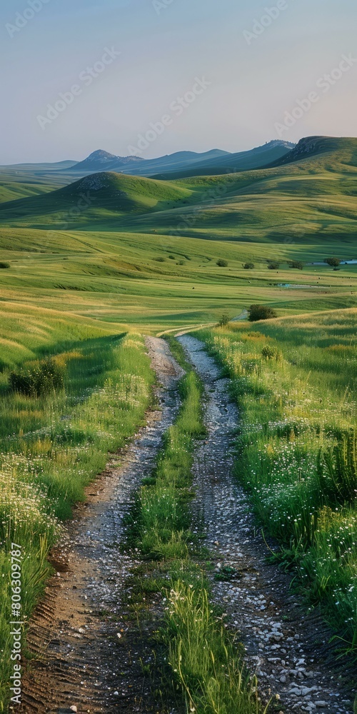 The dirt road through the green hills The dirt road through the green hills